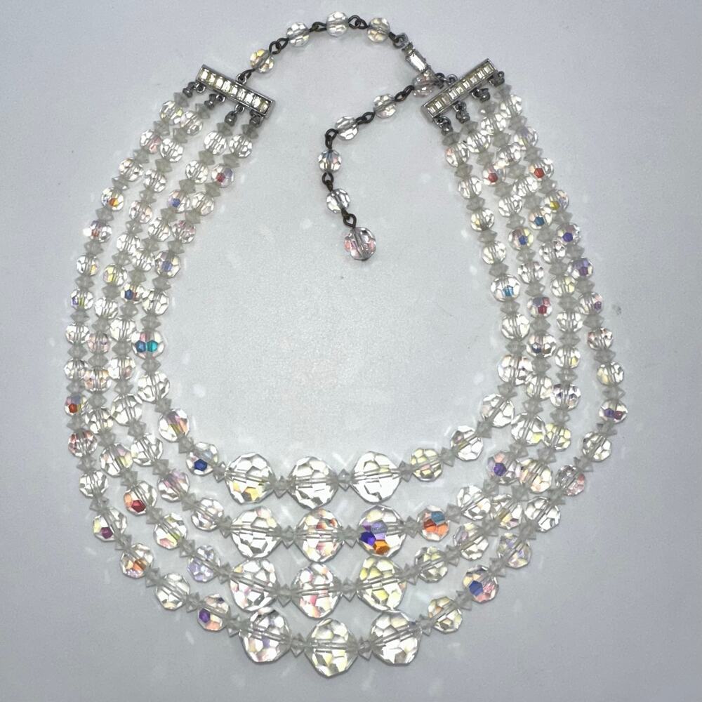 Vintage 4 strand clear AB aurora borealis glass beaded graduated necklace